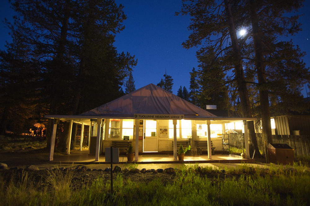 Lodge exterior at night